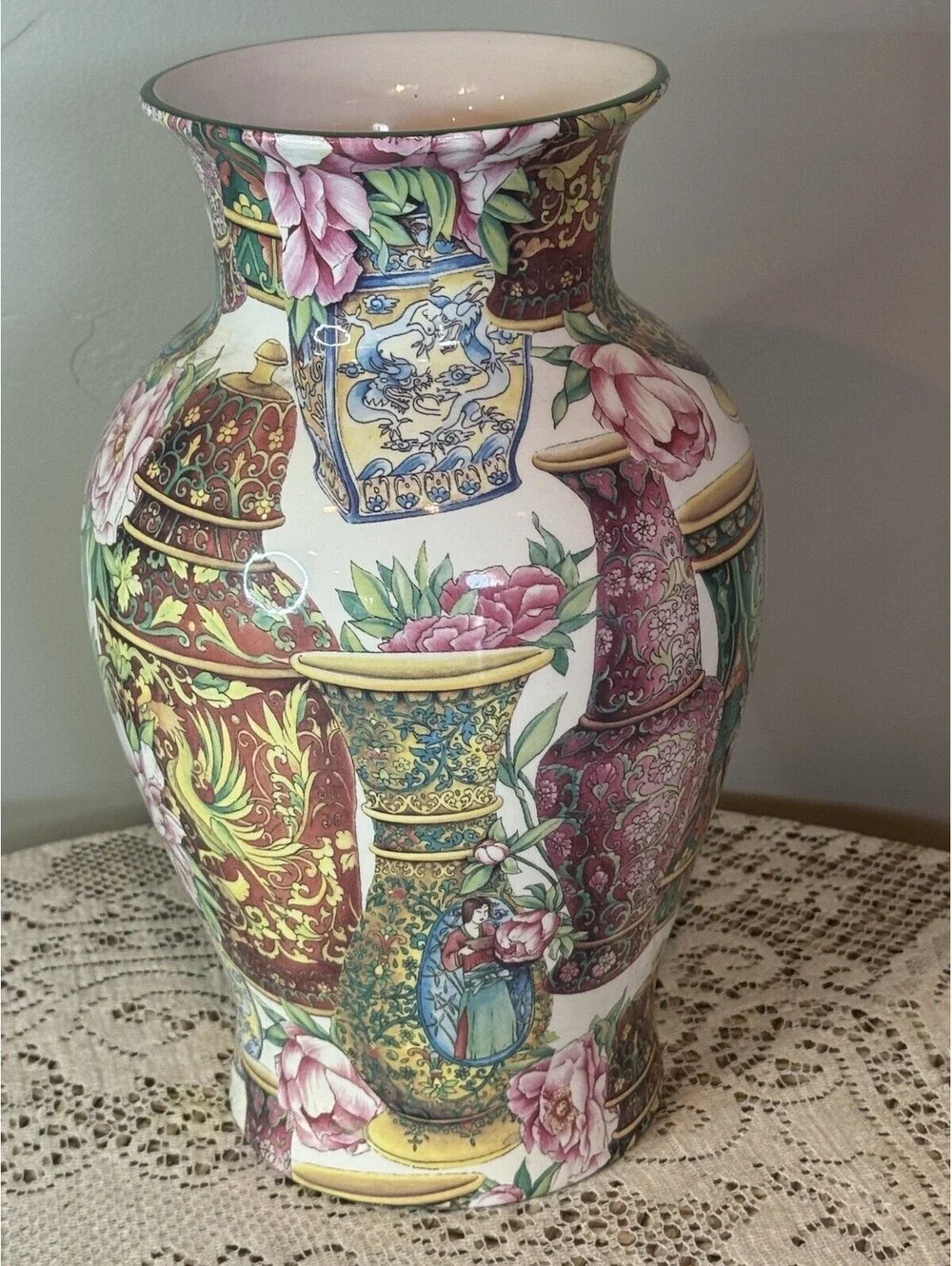 Hand Painted Rose Medallion Porcelain Vase 13”h x 7